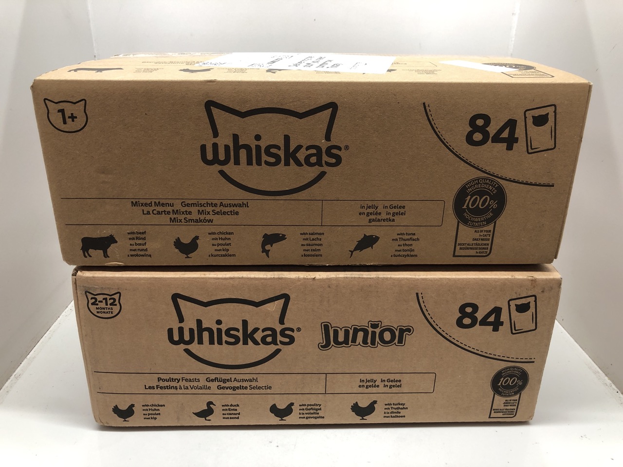 Lot 721  
            Edinburgh SR24 - Delivery Only 

                
2 X WHISKAS JUNIOR POULTRY SELECTION IN JELLY 84 POUCHES, WET KITTEN AND CAT FOOD...