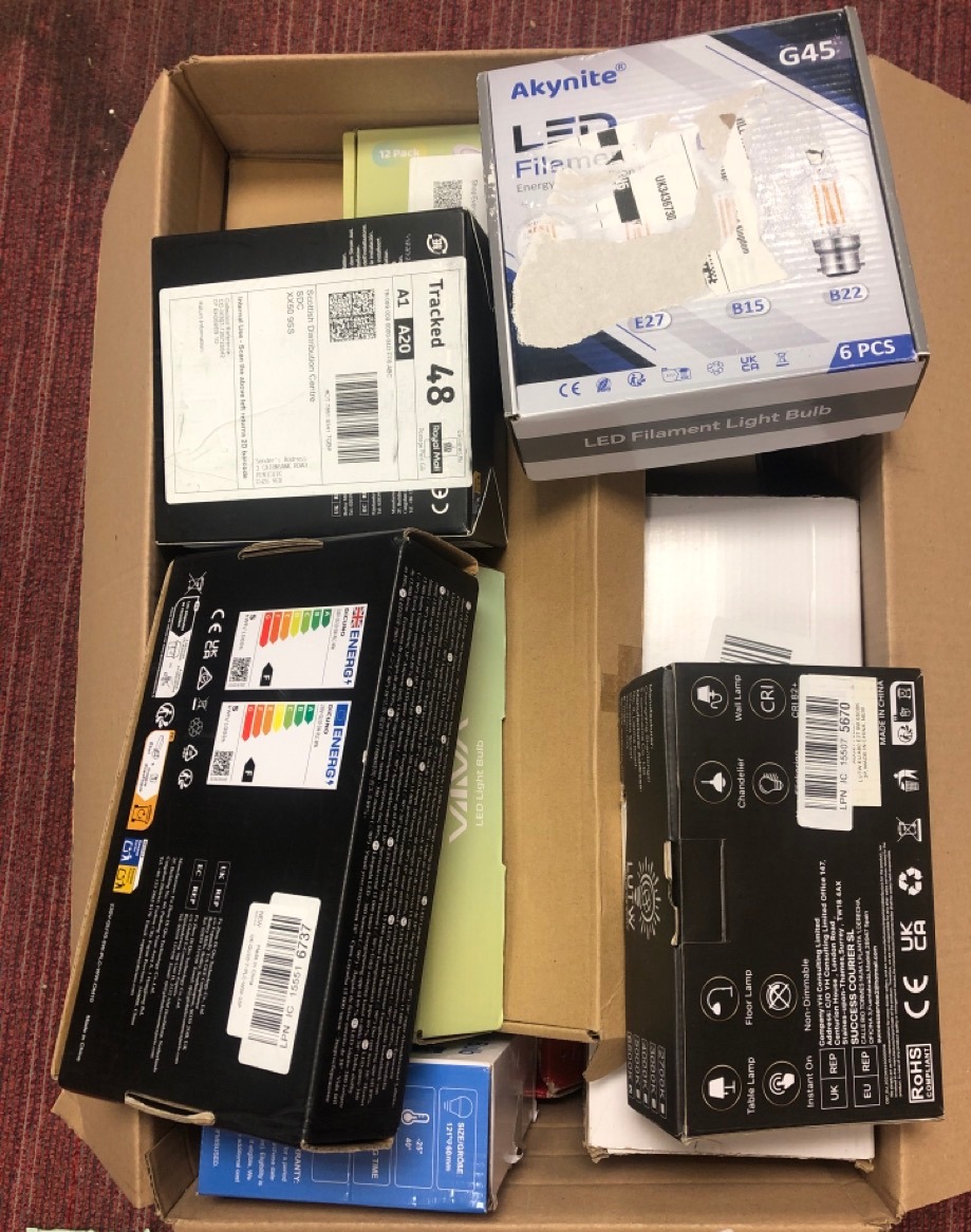 Lot 146  
            Edinburgh SR34 - Delivery Only 

                
QUANTITY OF GENERAL GOODS ITEMS TO INCLUDE EDISON BULB 220V-240V.: LOCATION - A