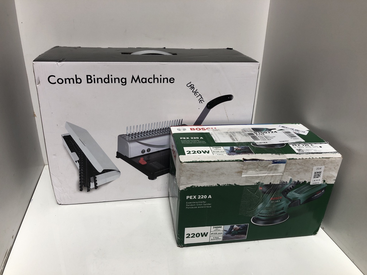 Lot 314  
            Edinburgh SR34 - Delivery Only 

                
COMB BINDING MACHINE + BOSCH 220 W PEX 220 A: LOCATION - C