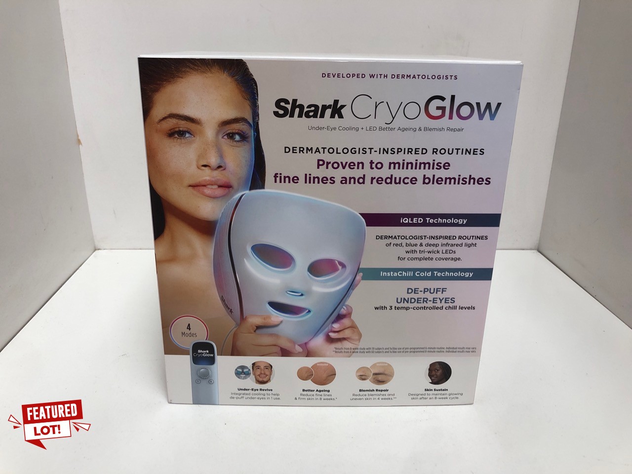 Lot 34  
            Edinburgh SR34 - Delivery Only 

                
SHARK CRYOGLOW LED FACE MASK WITH UNDER-EYE COOLING, ANTI-AGEING & BLEMISH REPAIR...