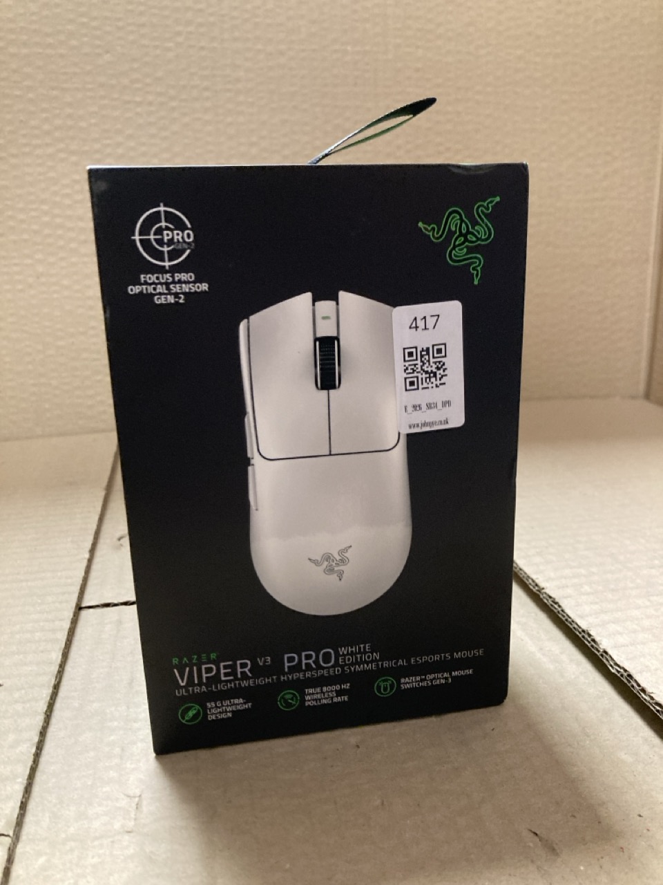 Lot 417  
            Edinburgh SR34 - Delivery Only 

                
RAZER VIPER V3 PRO - ULTRA-LIGHTWEIGHT WIRELESS ESPORTS GAMING MOUSE: LOCATION - E