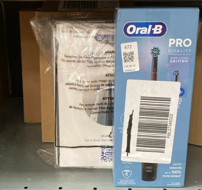 Lot 472  
            Edinburgh SR34 - Delivery Only 

                
QUANTITY OF HEALTH & BEAUTY ITEMS TO INCLUDE ORAL-B VITALITY PRO ELECTRIC TOOTHBR...