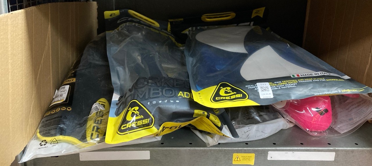 Lot 511  
            Edinburgh SR34 - Delivery Only 

                
QUANTITY OF SPORTS & EXERCISE TO INCLUDE CRESSI ADULT SNORKEL COMB0: LOCATION - F