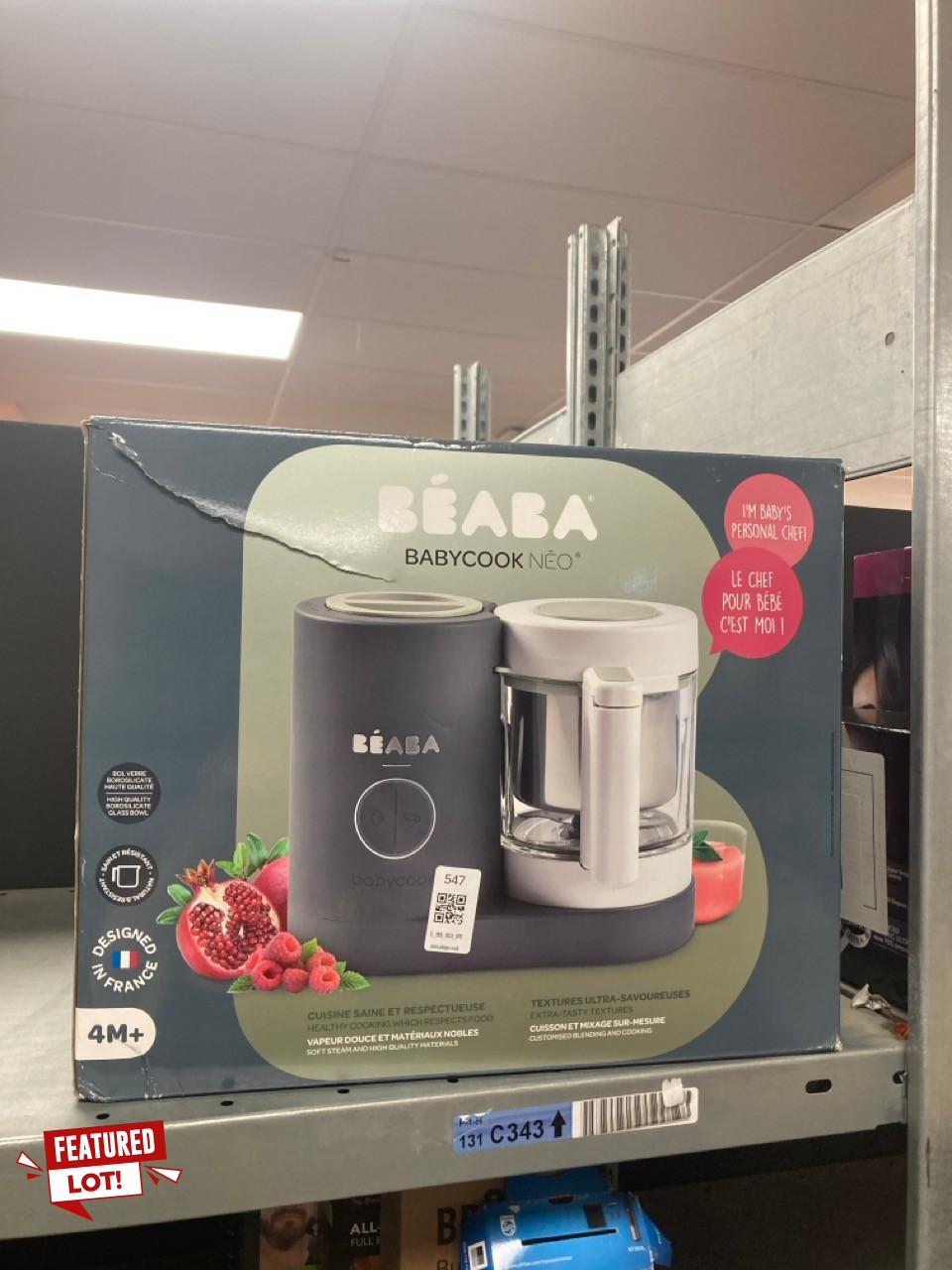 Lot 547  
            Edinburgh SR34 - Delivery Only 

                
BEABA - BABYCOOK NEO - BABY FOOD MAKER - 6 IN 1 : FOOD PROCESSOR, BLENDER AND COO...