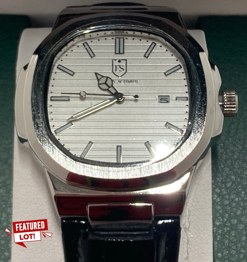 Lot 4  
            Edinburgh SR33 - Delivery Only 

                
MENS FRANK SCHMIDT WATCH TEXTURED DIAL WITH DATE BLACK LEATHER STRAP AMBASSADOR: ...