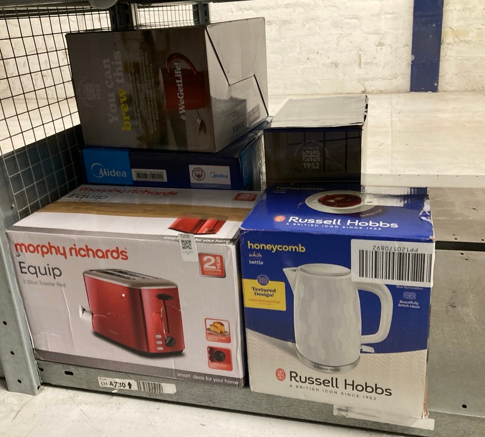 Lot 508  
            Edinburgh SR33 - Delivery Only 

                
QUANTITY OF KITCHEN & APPLIANCES ITEMS TO INCLUDE RUSSELL HOBBS HONEYCOMB ELECTRI...