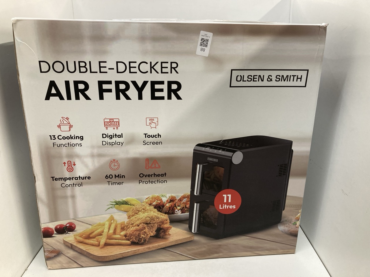 Lot 88  
            Edinburgh SR33 - Delivery Only 

                
OLSEN & SMITH 11L VERTICAL DUAL STACK AIR FRYER WITH TWO 5.5L BASKETS, COMPACT SP...