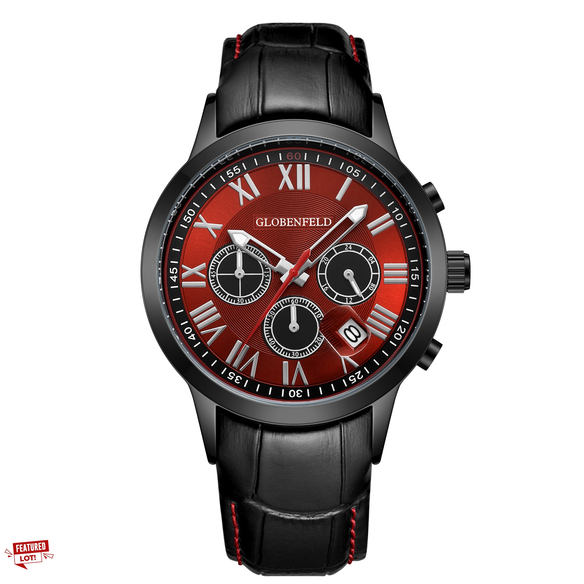 Lot 1  
            Edinburgh SR33 - Delivery Only 

                
HAND ASSEMBLED GLOBENFELD LIMITED EDITION ROMAN CHRONOGRAPH BLACK RED MENS WATCH ...