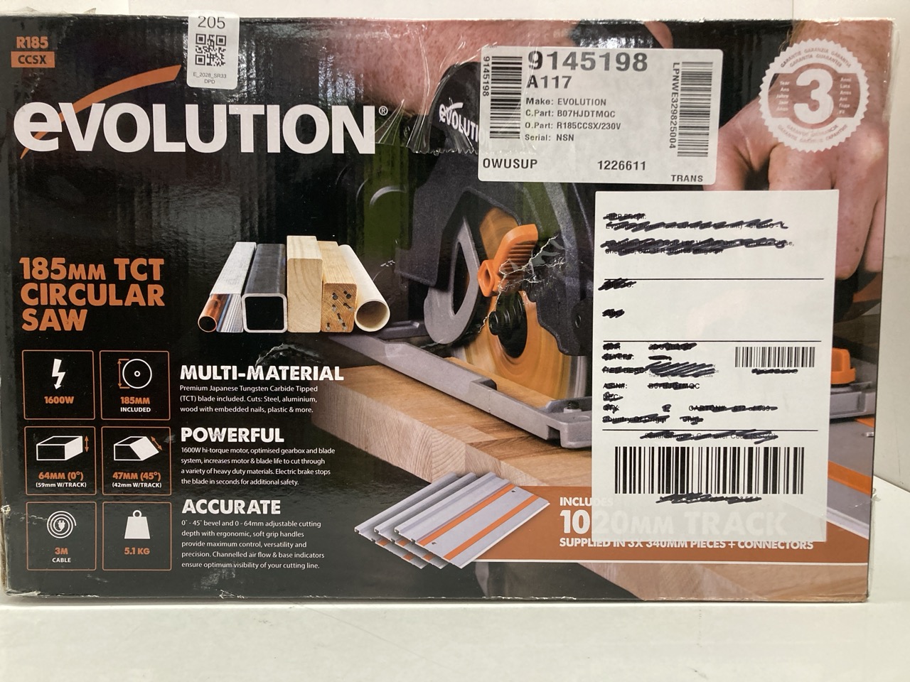 Lot 205  
            Edinburgh SR33 - Delivery Only 

                
EVOLUTION POWER TOOLS R185CCSX CIRCULAR SAW WITH 1020 MM 3-PIECE TRACK | MULTI-MA...