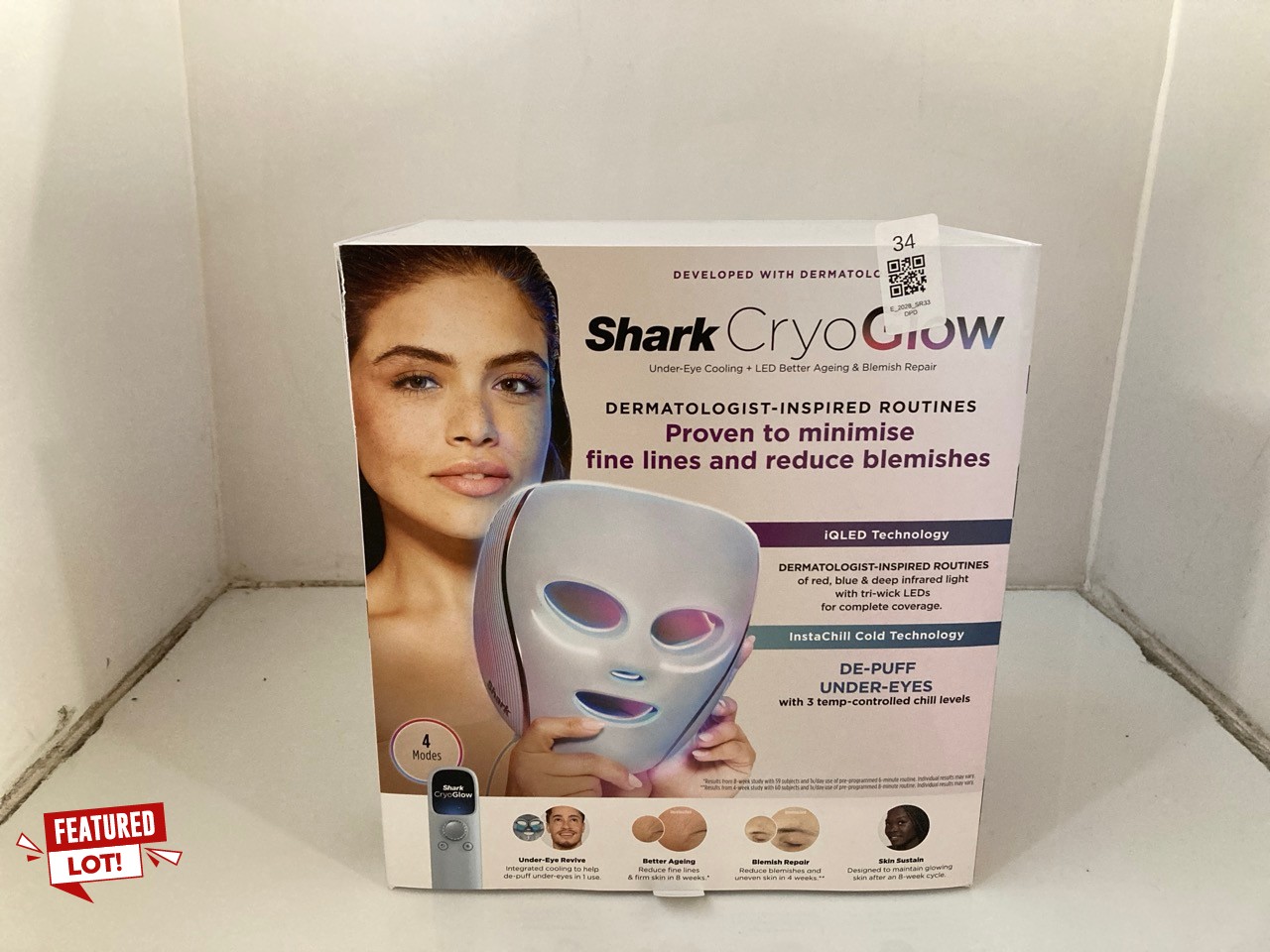 Lot 34  
            Edinburgh SR33 - Delivery Only 

                
SHARK CRYO GLOW LED FACE MASK WITH UNDER-EYE COOLING, ANTI-AGEING & BLEMISH REPAI...