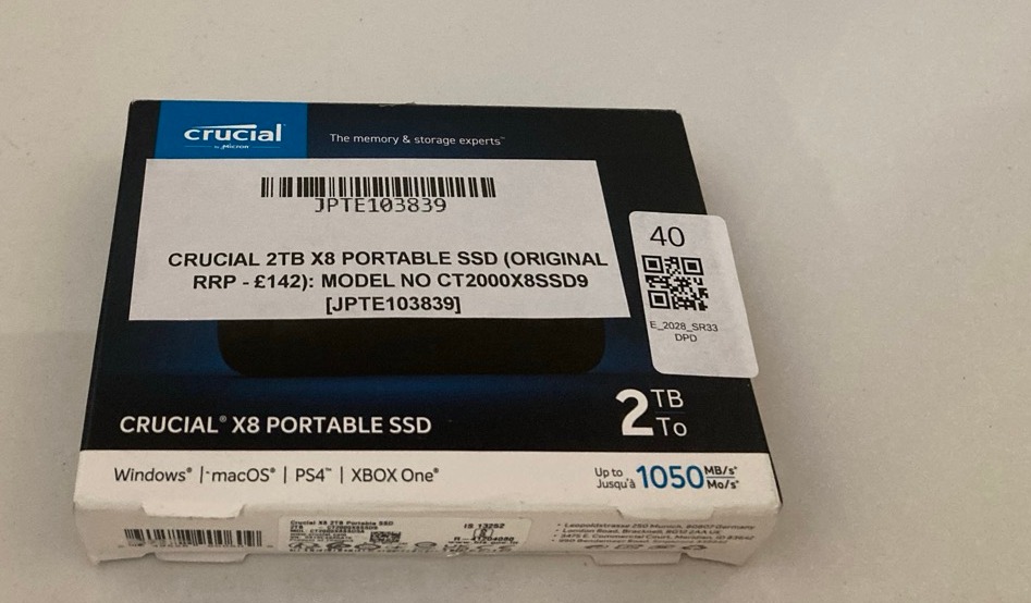 Lot 40  
            Edinburgh SR33 - Delivery Only 

                
CRUCIAL 2TB X8 PORTABLE SSD (ORIGINAL RRP - £142): MODEL NO CT2000X8SSD9  [JPTE10...