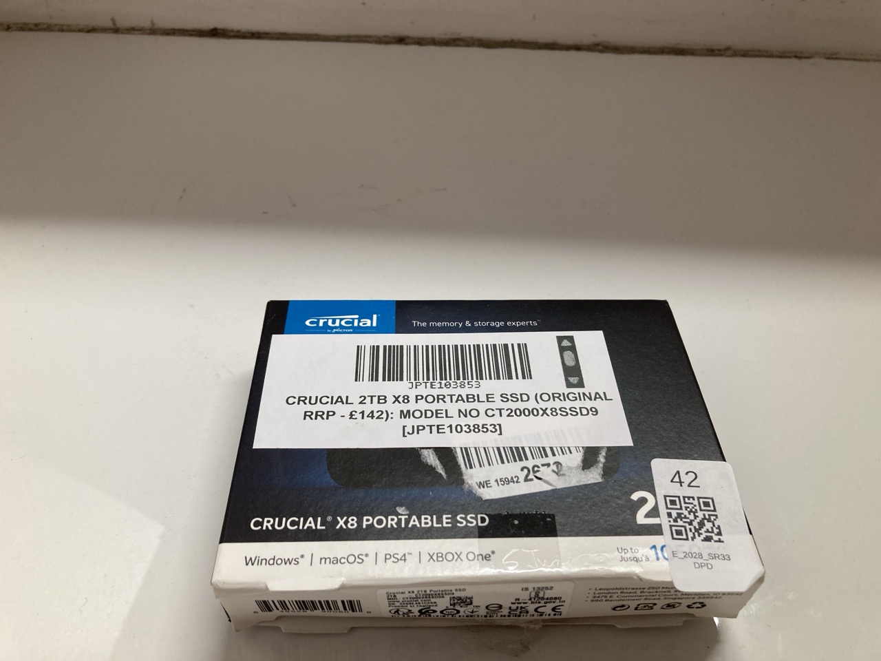 Lot 42  
            Edinburgh SR33 - Delivery Only 

                
CRUCIAL 2TB X8 PORTABLE SSD (ORIGINAL RRP - £142): MODEL NO CT2000X8SSD9  [JPTE 1...