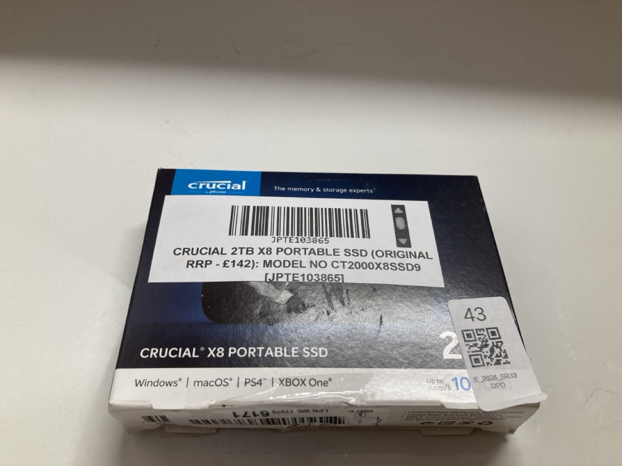 Lot 43  
            Edinburgh SR33 - Delivery Only 

                
CRUCIAL 2TB X8 PORTABLE SSD (ORIGINAL RRP - £142): MODEL NO CT2000X8SSD9  [JPTE10...