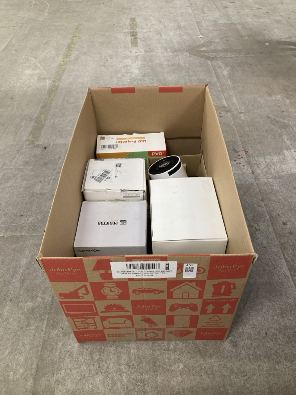 Lot 452  
            Edinburgh SR33 - Delivery Only 

                
5X ASSORTED TECH TO INCLUDE INFINITE VIEW P6 SMART PROJECTOR  TECH.  [JPTE101451]...