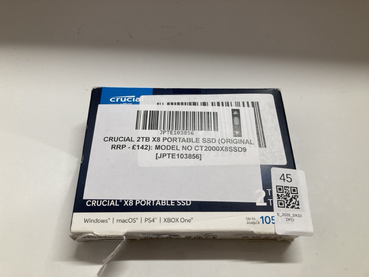 Lot 45  
            Edinburgh SR33 - Delivery Only 

                
CRUCIAL 2TB X8 PORTABLE SSD (ORIGINAL RRP - £142): MODEL NO CT2000X8SSD9  [JPTE10...