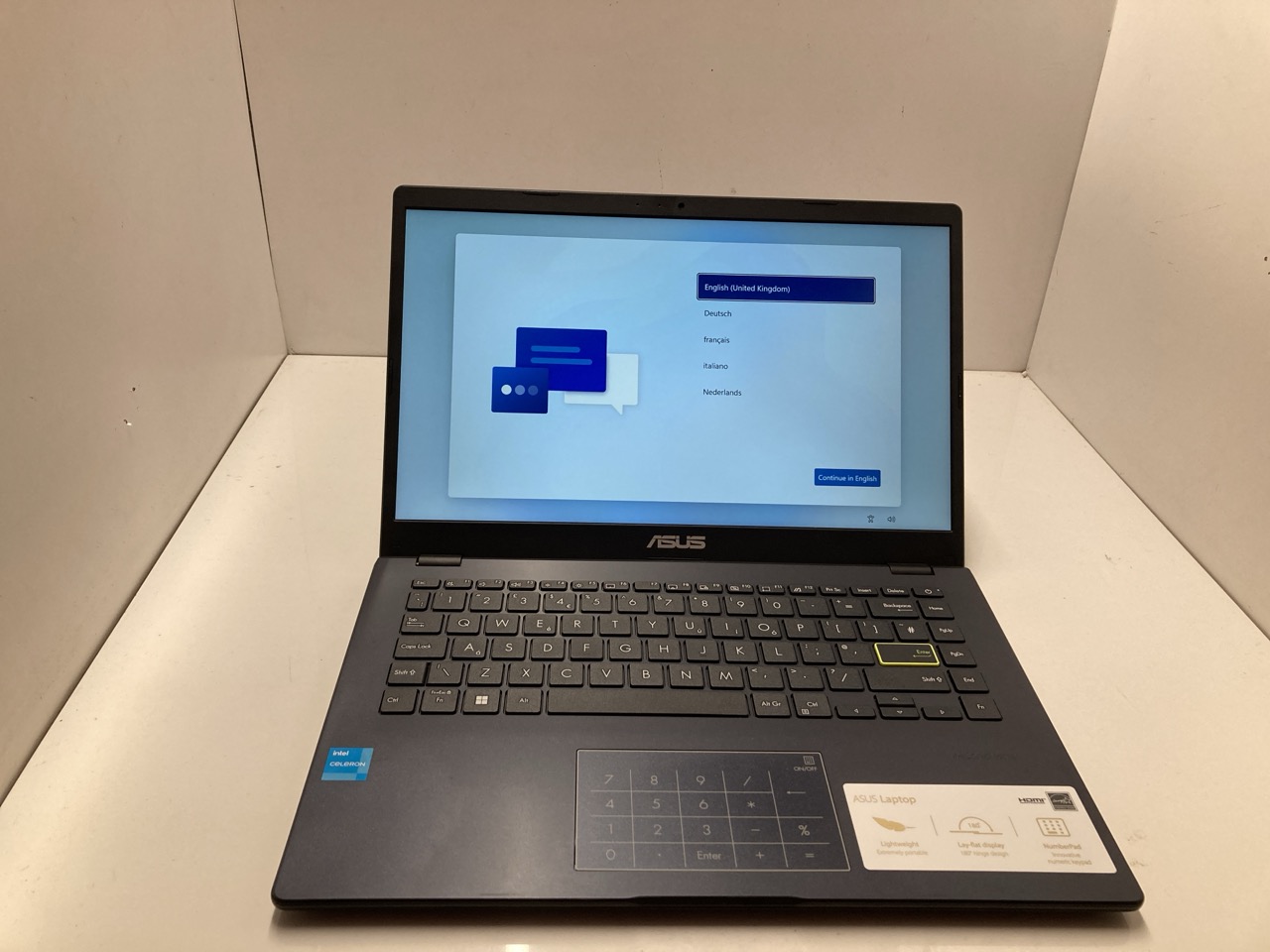 Lot 469  
            Edinburgh SR33 - Delivery Only 

                
ASUS VIVOBOOK 128GB LAPTOP: MODEL NO E410K. INTEL CELERON N4500, 4GB RAM, 14" SCR...