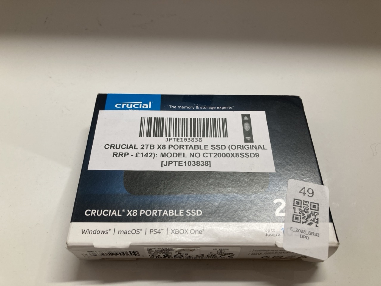 Lot 49  
            Edinburgh SR33 - Delivery Only 

                
CRUCIAL 2TB X8 PORTABLE SSD (ORIGINAL RRP - £142): MODEL NO CT2000X8SSD9  [JPTE10...