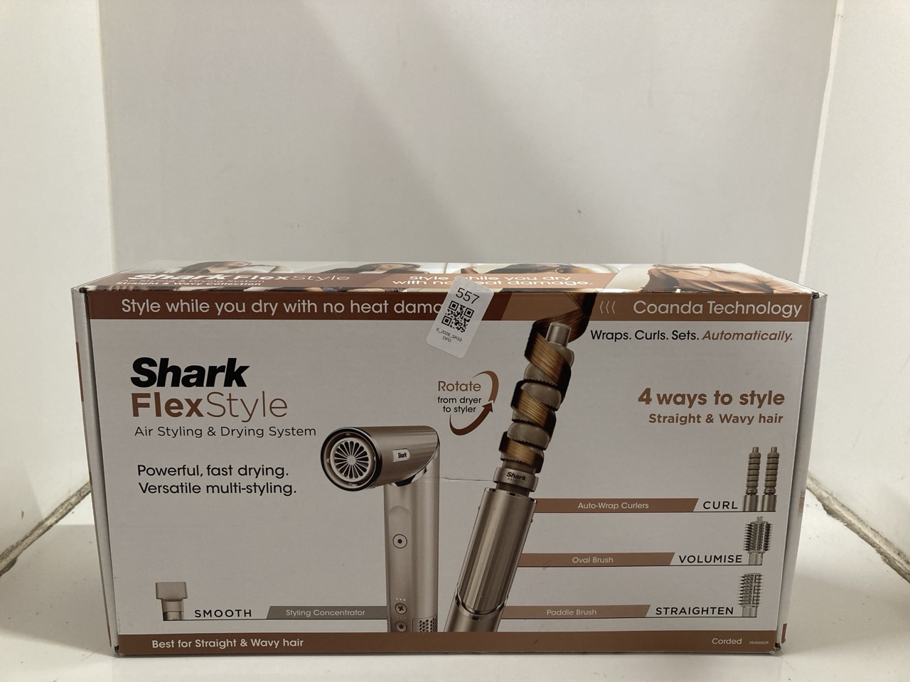 Lot 557  
            Edinburgh SR33 - Delivery Only 

                
SHARK FLEXSTYLE 4-IN-1 AIR STYLER & HAIR DRYER WITH AUTO-WRAP CURLERS, PADDLE BRU...