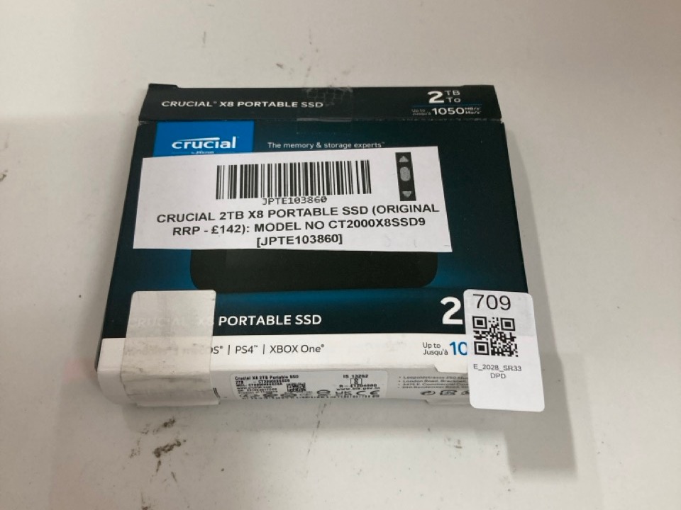 Lot 709  
            Edinburgh SR33 - Delivery Only 

                
CRUCIAL 2TB X8 PORTABLE SSD (ORIGINAL RRP - £142): MODEL NO CT2000X8SSD9  [JPTE10...