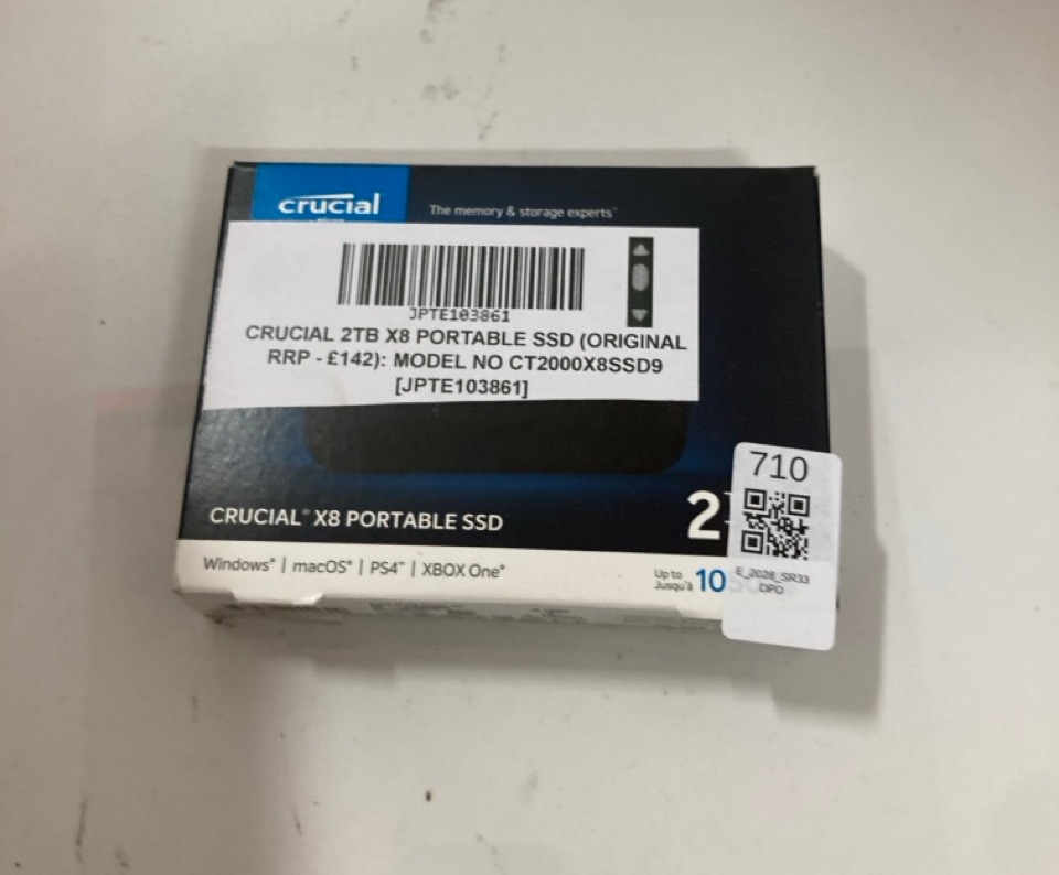 Lot 710  
            Edinburgh SR33 - Delivery Only 

                
CRUCIAL 2TB X8 PORTABLE SSD (ORIGINAL RRP - £142): MODEL NO CT2000X8SSD9  [JPTE10...