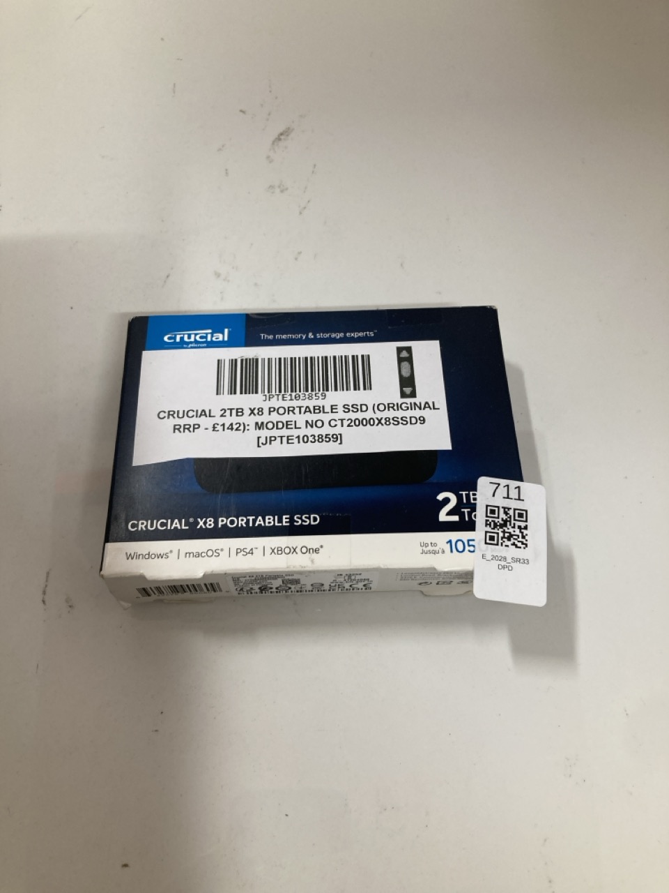 Lot 711  
            Edinburgh SR33 - Delivery Only 

                
CRUCIAL 2TB X8 PORTABLE SSD (ORIGINAL RRP - £142): MODEL NO CT2000X8SSD9  [JPTE10...
