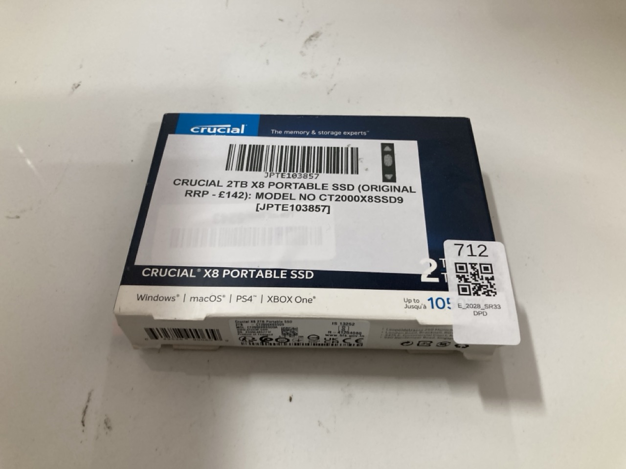 Lot 712  
            Edinburgh SR33 - Delivery Only 

                
CRUCIAL 2TB X8 PORTABLE SSD (ORIGINAL RRP - £142): MODEL NO CT2000X8SSD9  [JPTE10...