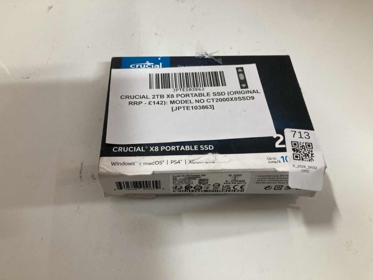 Lot 713  
            Edinburgh SR33 - Delivery Only 

                
CRUCIAL 2TB X8 PORTABLE SSD (ORIGINAL RRP - £142): MODEL NO CT2000X8SSD9  [JPTE10...