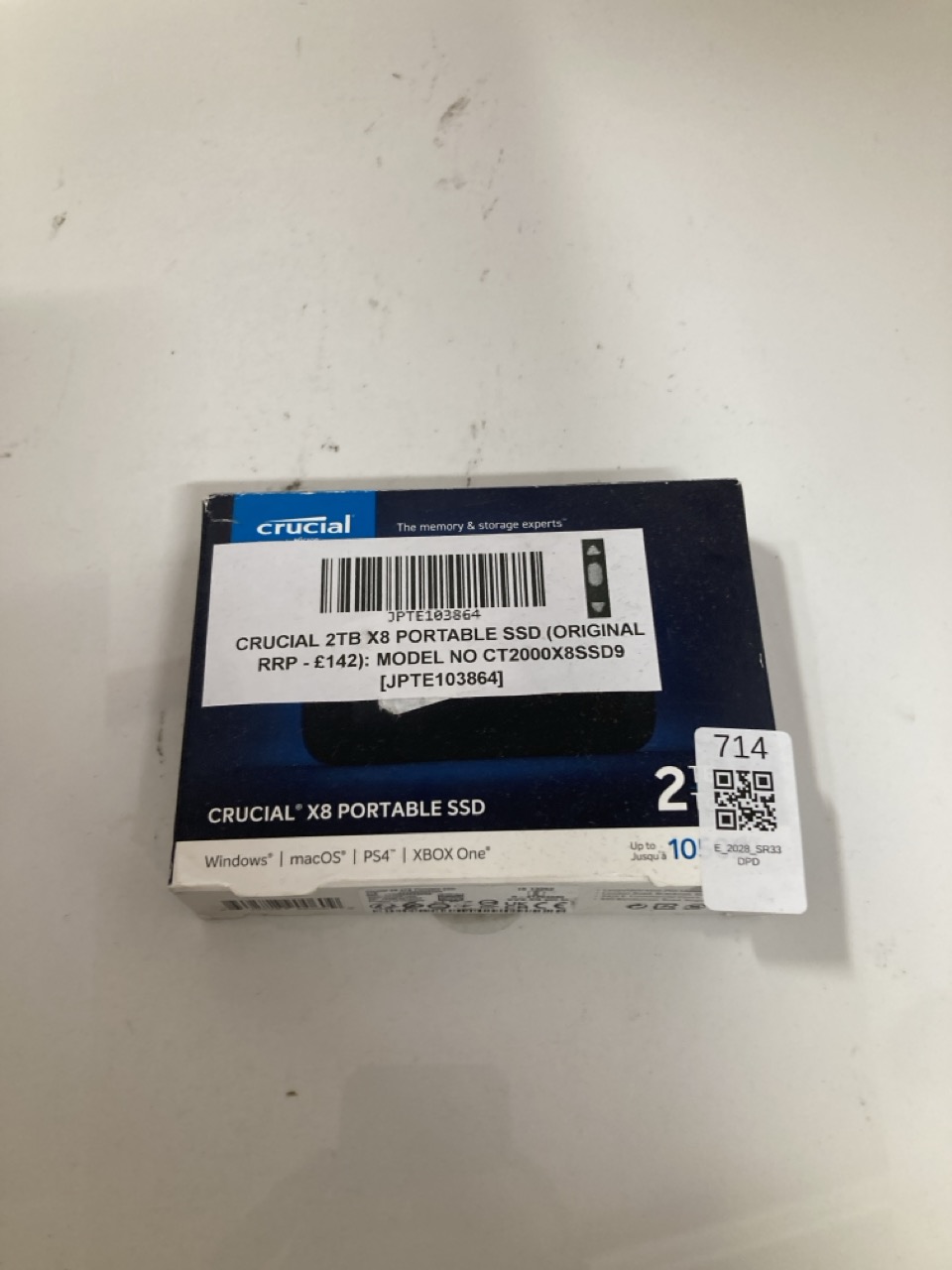 Lot 714  
            Edinburgh SR33 - Delivery Only 

                
CRUCIAL 2TB X8 PORTABLE SSD (ORIGINAL RRP - £142): MODEL NO CT2000X8SSD9  [JPTE10...