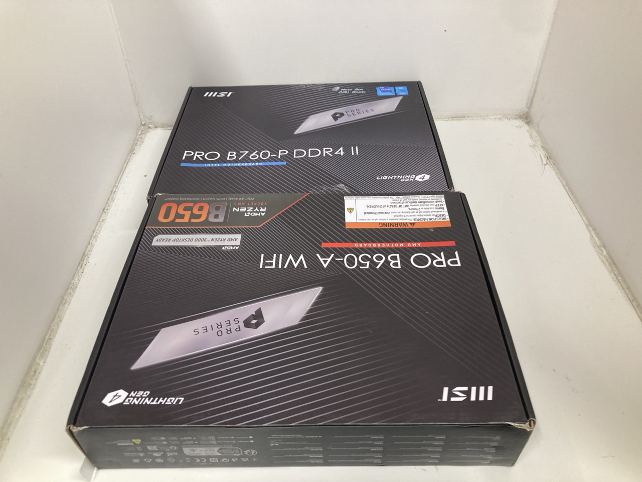 Lot 724  
            Edinburgh SR33 - Delivery Only 

                
MSI PRO B650-A WIFI MOTHERBOARD, ATX + MSI PRO B760-P DDR4 11 INTEL MOTHERBOARD: ...