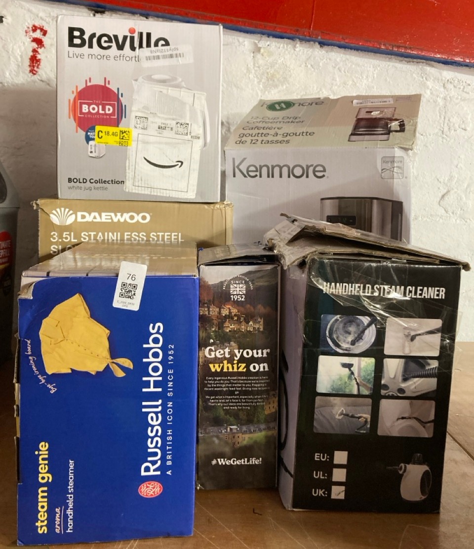 Lot 76  
            Edinburgh SR33 - Delivery Only 

                
QUANTITY OF KITCHEN & APPLIANCES ITEMS TO INCLUDE RUSSELL HOBBS HANDHELD CLOTHES ...