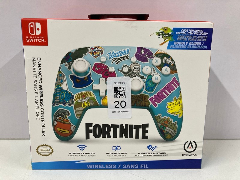 Lot 20  
            Nottingham SR1 - Delivery Only 

                
POWER A NINTENDO SWITCH FORTNITE ENHANCED WIRELESS CONTROLLER (SEALED)
