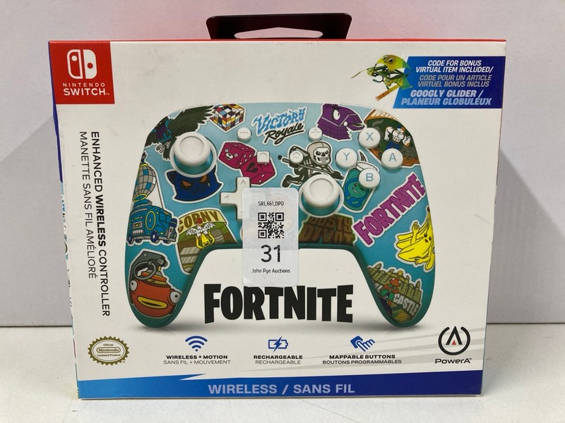 Lot 31  
            Nottingham SR1 - Delivery Only 

                
POWER A NINTENDO SWITCH FORTNITE ENHANCED WIRELESS CONTROLLER (SEALED)
