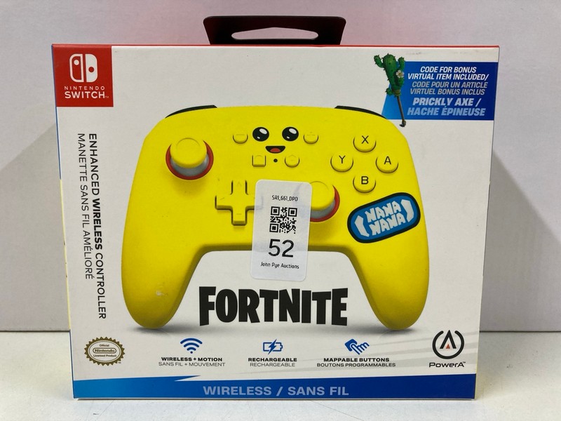 Lot 52  
            Nottingham SR1 - Delivery Only 

                
POWER A NINTENDO SWITCH FORTNITE ENHANCED WIRELESS CONTROLLER (SEALED)