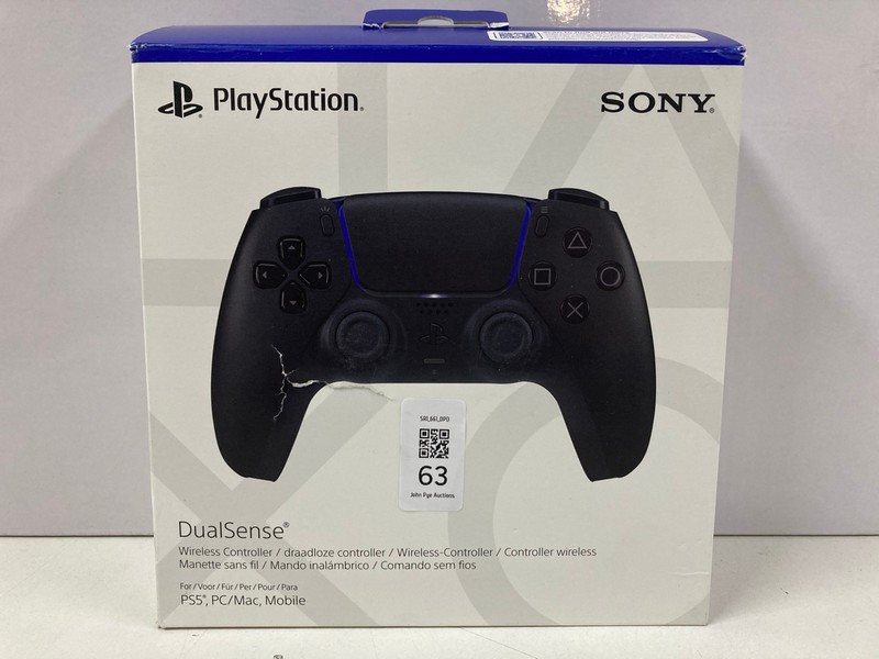 Lot 63  
            Nottingham SR1 - Delivery Only 

                
SONY PLAYSTATION 5 DUAL SENSE WIRELESS CONTROLLER - MIDNIGHT BLACK - ORIGINAL RRP...