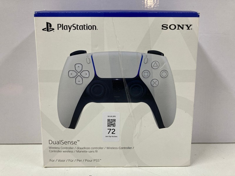 Lot 72  
            Nottingham SR1 - Delivery Only 

                
SONY PLAYSTATION 5 DUAL SENSE WIRELESS CONTROLLER - WHITE - ORIGINAL RRP.£44