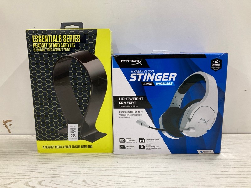 Lot 28  
            Nottingham SR2 - Delivery Only 

                
HYPERX CLOUD STINGER CORE WIRELESS GAMING HEADSET & ESSENTIALS SERIES HEADSET STA...