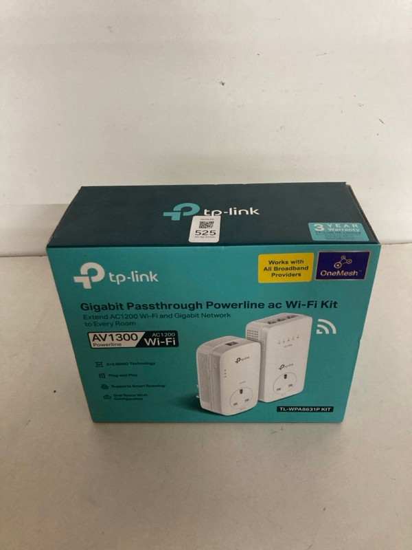 Lot 525  
            Nottingham SR2 - Delivery Only 

                
TP-LINK GIGABIT PASSTHROUGH POWERLINE AC WI-FI KIT