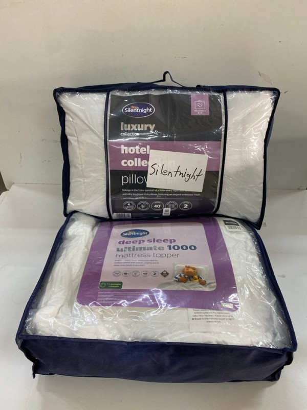 Lot 607  
            Nottingham SR2 - Delivery Only 

                
SILENT NIGHT HOTEL COLLECTION PILLOW PAIR & SILENT NIGHT DEEP SLEEP MATTRESS TOPPER