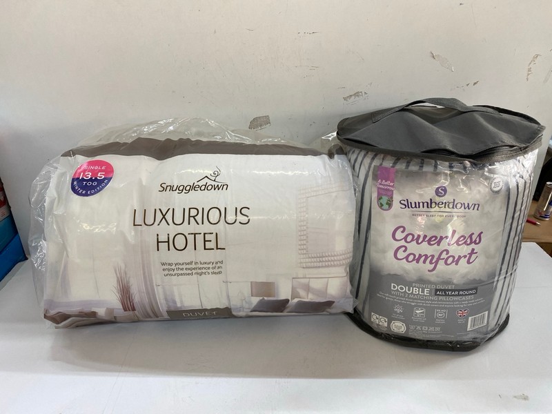 Lot 611  
            Nottingham SR2 - Delivery Only 

                
SNUGGLEDOWN LUXURIOUS HOTEL SINGLE DUVET & SLUMBERDOWN COVERLESS COMFORT DOUBLE D...