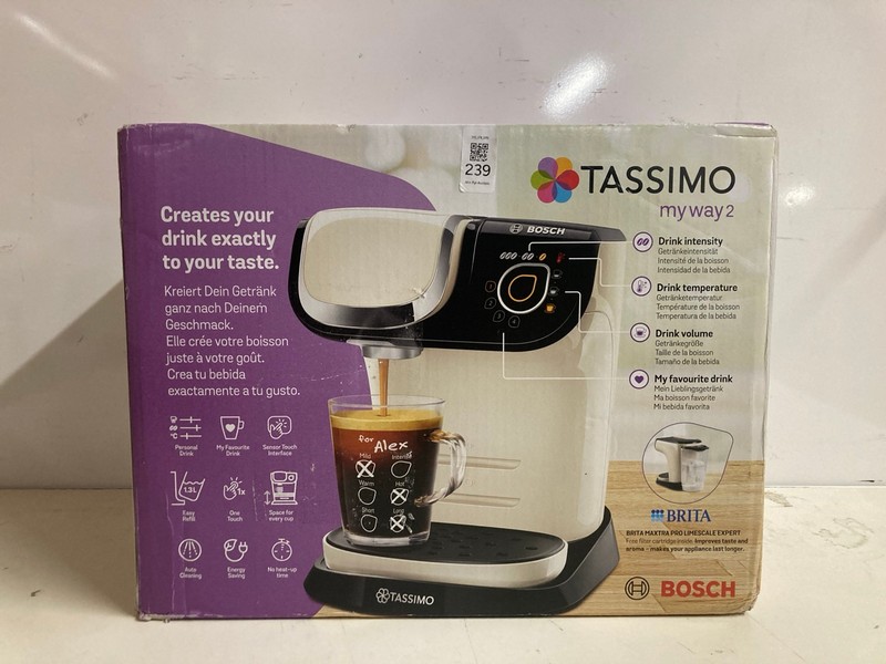Lot 239  
            Nottingham SR3 - Delivery Only 

                
BOSCH TASSIMO MY WAY COFFEE MACHINE