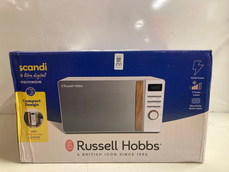 Lot 251  
            Nottingham SR3 - Delivery Only 

                
RUSSELL HOBBS SCANDI 17L DIGITAL MICROWAVE