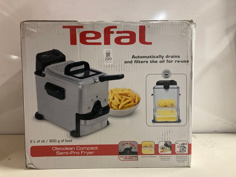 Lot 280  
            Nottingham SR3 - Delivery Only 

                
TEFAL OLEOCLEAN COMPACT SEMI-PRO FRYER