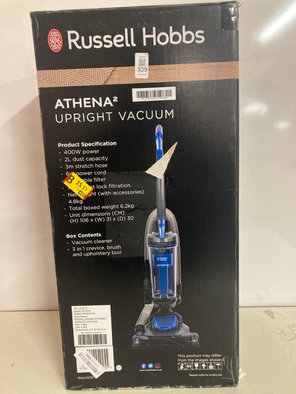 Lot 309  
            Nottingham SR3 - Delivery Only 

                
RUSSELL HOBBS ATHENA 2 UPRIGHT VACUUM CLEANER