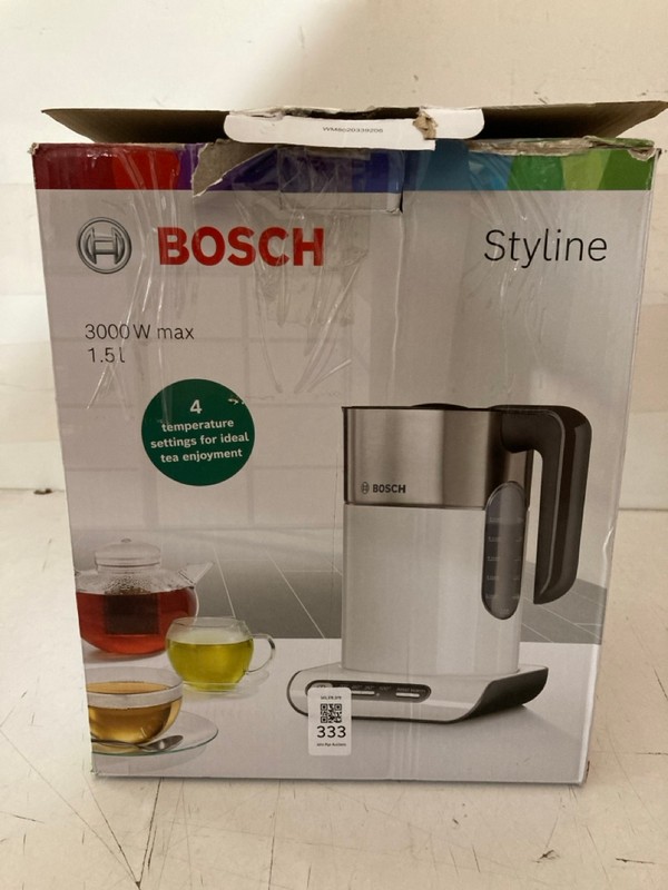 Lot 333  
            Nottingham SR3 - Delivery Only 

                
BOSCH 3000W MAX 1.5L KETTLE