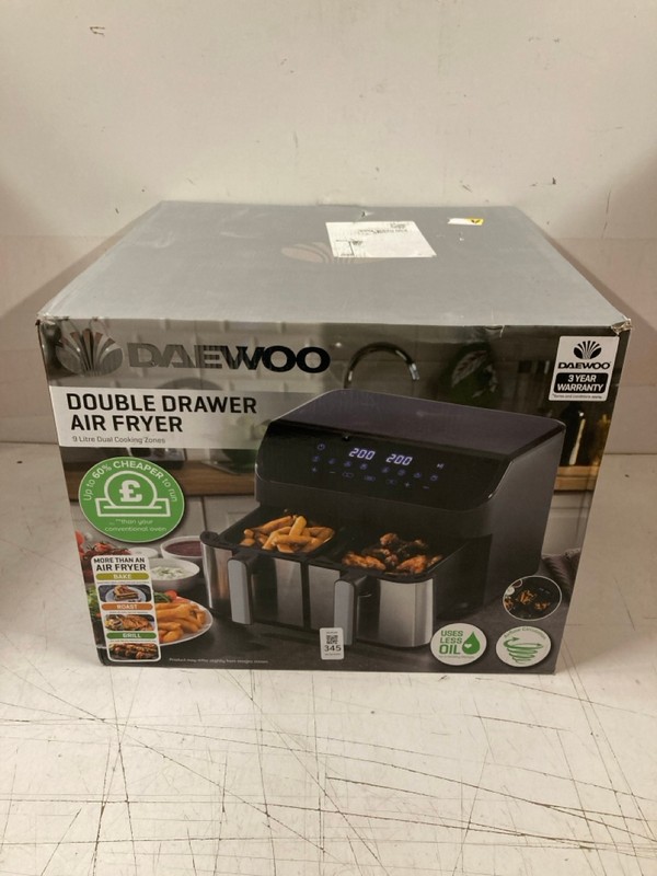 Lot 345  
            Nottingham SR3 - Delivery Only 

                
DAEWOO DOUBLE DRAWER AIR FRYER