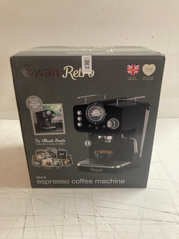 Lot 34  
            Nottingham SR3 - Delivery Only 

                
SWAN RETRO BLACK ESPRESSO COFFEE MACHINE