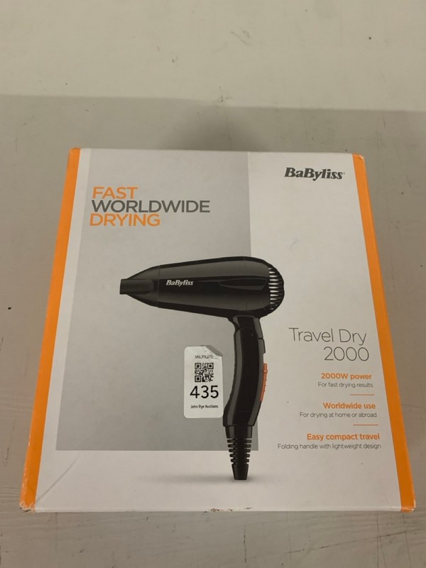 Lot 435  
            Nottingham SR3 - Delivery Only 

                
BABYLISS TRAVEL DRY 2000W HAIRDRYER