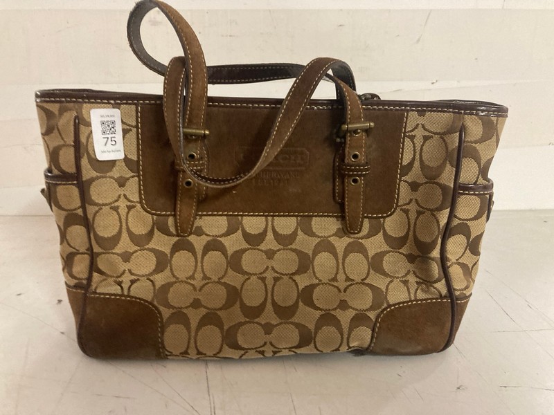 Lot 75  
            Nottingham SR3 - Delivery Only 

                
AUTHENTIC VINTAGE Y2K COACH BROWN SUEDE LEATHER MONOGRAM TOTE SHOULDER BAG