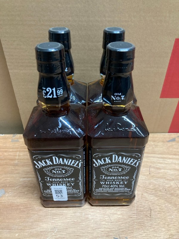 Lot 53  
            Nottingham SR4 - Collection Only 

                
4 X BOTTLES OF JACK DANIELS TENNESSEE SOUR MASH WHISKEY (C71) (18+ I.D MAYBE REQU...
