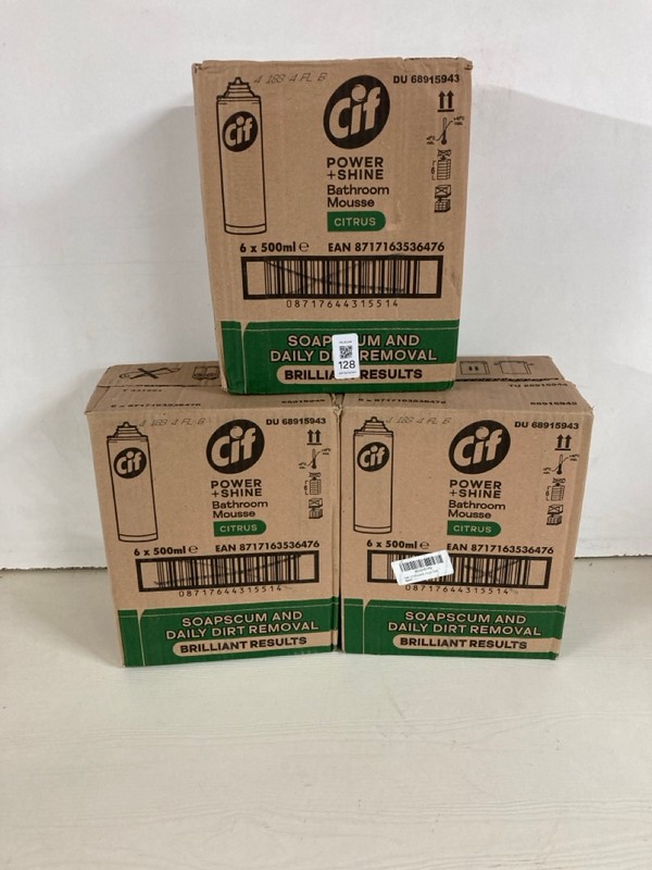 Lot 128  
            Nottingham SR5 - Delivery Only 

                
3 X BOXES OF CIF POWER+SHINE BATHROOM MOUSSE